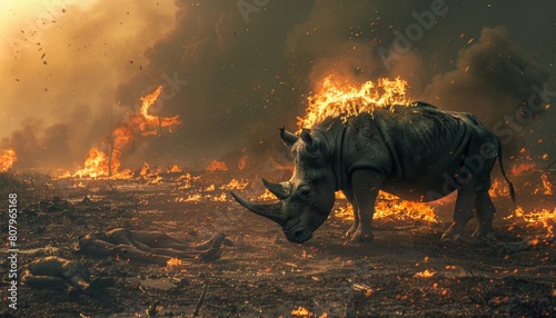 A rhinoceros is standing in a field of fire © Nattanon