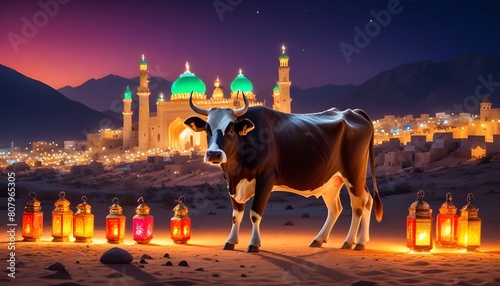 Eid ul adha mubarak theme a cow with a lot of islamic lantern lights in different colours around it behind beautiful view of mosque along eid celebrations and confetti