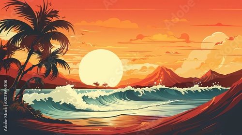 Retrostyle tropical beach poster with stylized waves and sun designed with a footer and header for copy space.