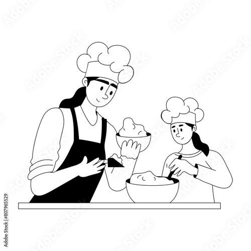 A trendy glyph illustration of mom baking with daughter 