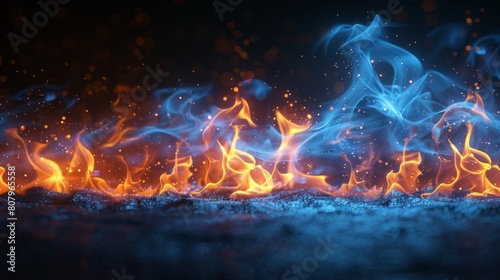 Blue fire wave sparkles in a transparent isolated background