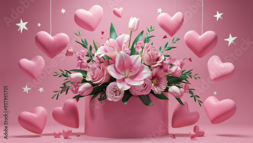 Elegant pink floral arrangement on pink background with copy space for Mother's day, Valentine's day.