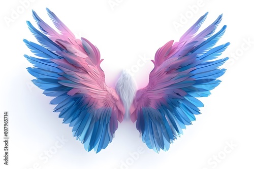 Wing with colorful feathers. Abstract symmetry bird wings line blue pink color Isolated on white background. AI Generative