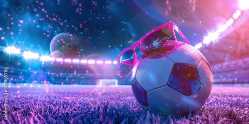 Close-up of soccer ball with sunglasses in sports stadium. Neon pink lights on a football stadium at night.