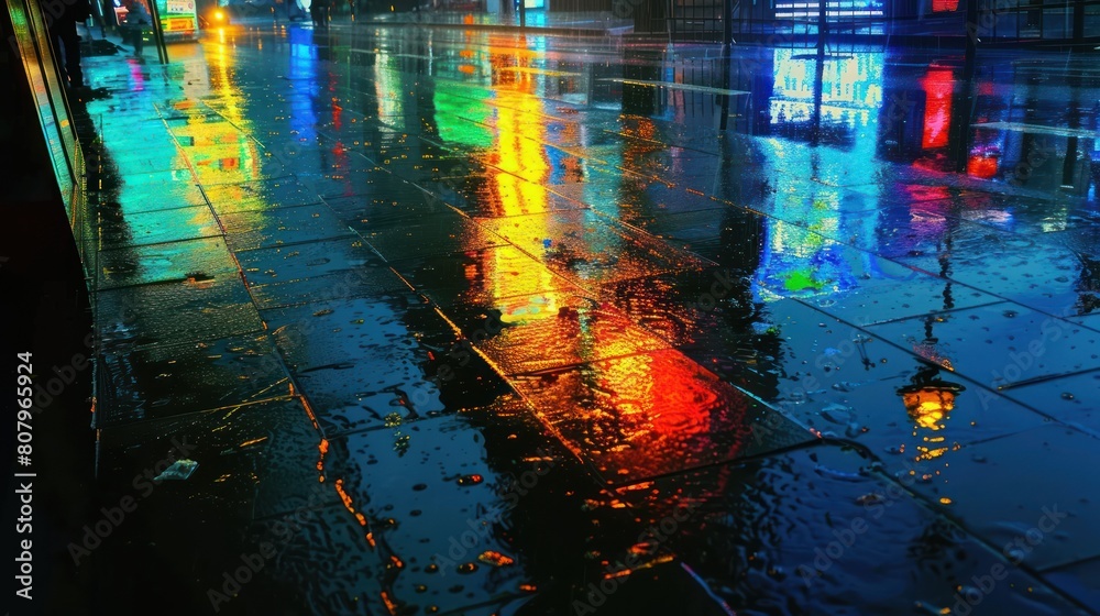 An urban night scene, where street lamps create pools of yellow light on a rain-soaked pavement, reflecting the city's neon signs