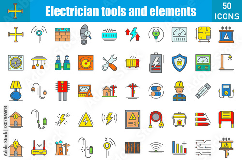 Electrician tools and element icon set. Containing Flashlight,Danger,Telephone Stock,Electric Meter,Swtich,Plug,Protect,Fuse,Capacitor,Fuse Box,Power Strip,
Insulating Tape and more. Vector web icons 
