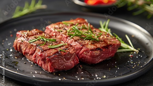 Two succulent steaks beckon viewers to indulge in their tantalizing flavors. This simple yet powerful presentation underscores the beauty and deliciousness of a perfectly cooked steak.