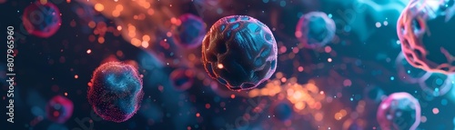 Experience the invasion of cancerous cells in a vivid aggregation, featured on a futuristic science research banner, sharpen banner template with copy space on center