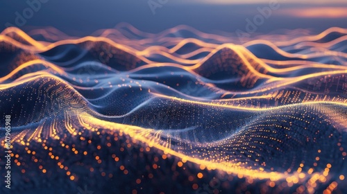 A conceptual visualization of the speed of light as a wave, rippling across a digital landscape, representing the motion of photons in space