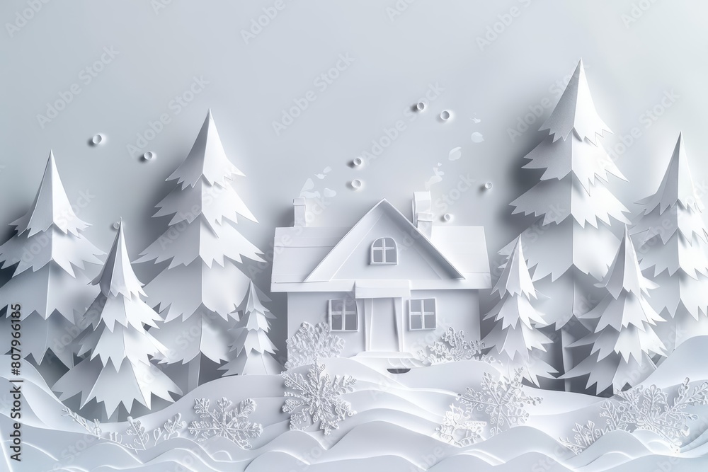 Explore the serene snow winter landscape featuring frosted pine trees and a quaint little house, paper art style sharpen banner template with copy space on center