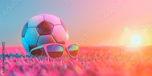 Close-up of soccer ball with sunglasses. Neon pink lights on green grass on a sunny summer day.