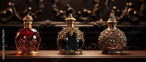 Ornate baroqueinspired cosmetic bottles placed on a blank mockup pedestal covered in rich velvet fabric basking in candlelike lighting to evoke oldworld elegance. photo