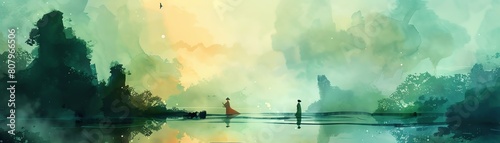 Depict a scene where Tai Chi practitioners appear to blend into a surreal watercolor landscape photo