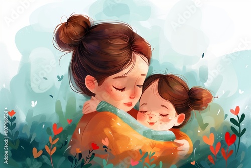 AI generated illustration of a happy mother and child surrounded by flowers, Mother's Day concept photo