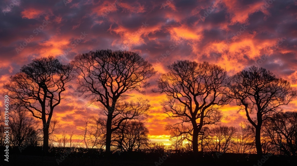 Silhouettes of trees against a dusk sky, with the setting sun casting a fiery backlight that creates a dramatic contrast