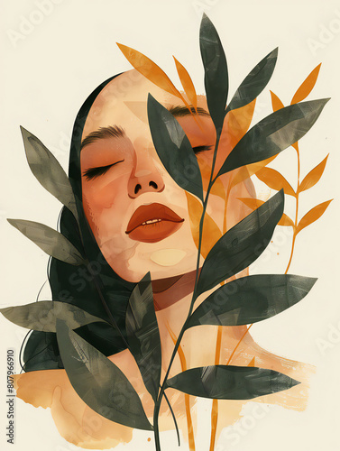 AI generated illustration of a woman surrounded by flowers in boho style, spring concept