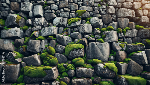 A stone wall made up of various sized rocks, with patches of bright green moss growing between the stones