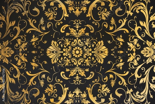 Gold vintage greeting card on a black background exudes elegance and sophistication with its ornate patterns and regal color palette  Sharpen art