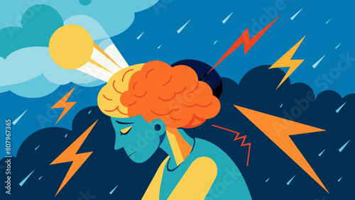 A comicstyle illustration of a person struggling through a stormy and cloudy mind versus a sunshine and rainbowfilled brain after receiving ketamine..