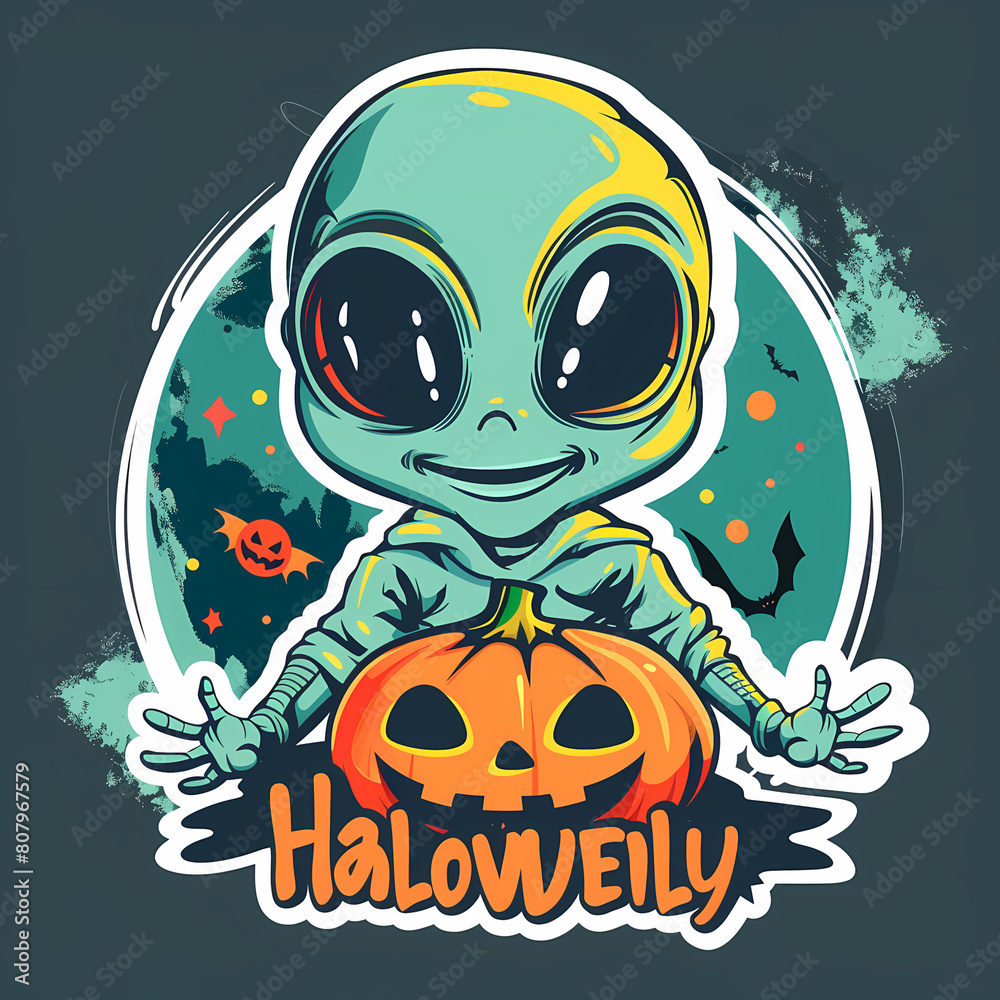 Cartoon Alien Celebrates Halloween Sticker,vector image Cartoon Alien Celebrates Halloween Sticker,vector image
