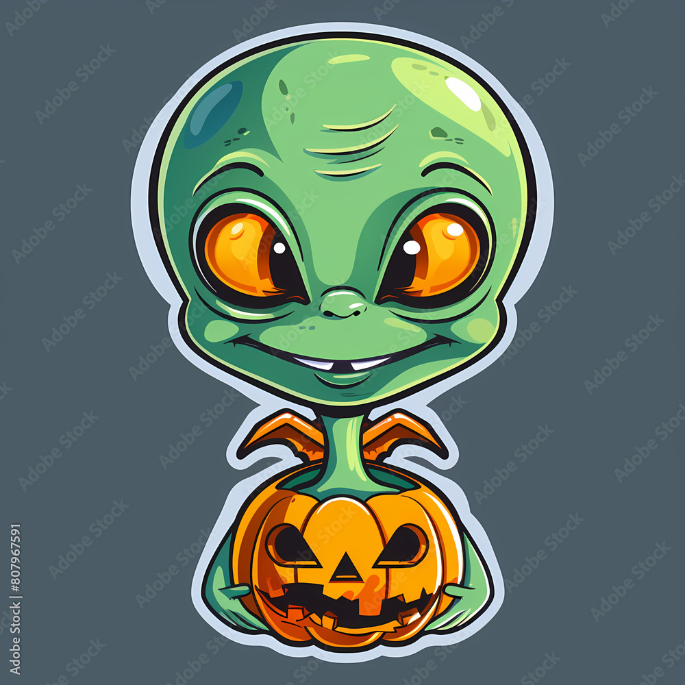 Obraz premium Cartoon Alien Celebrates Halloween Sticker,vector image