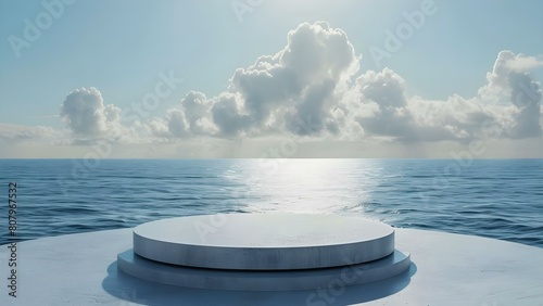 Podium on ocean backdrop for product advertising studio stage or display platform. Concept Product Photography, Ocean Backdrop, Podium Display, Studio Stage, Advertising Platform © Anastasiia
