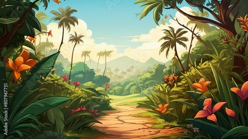 Lush tropical garden path illustration leading to a blank horizon perfect for adding copy space.