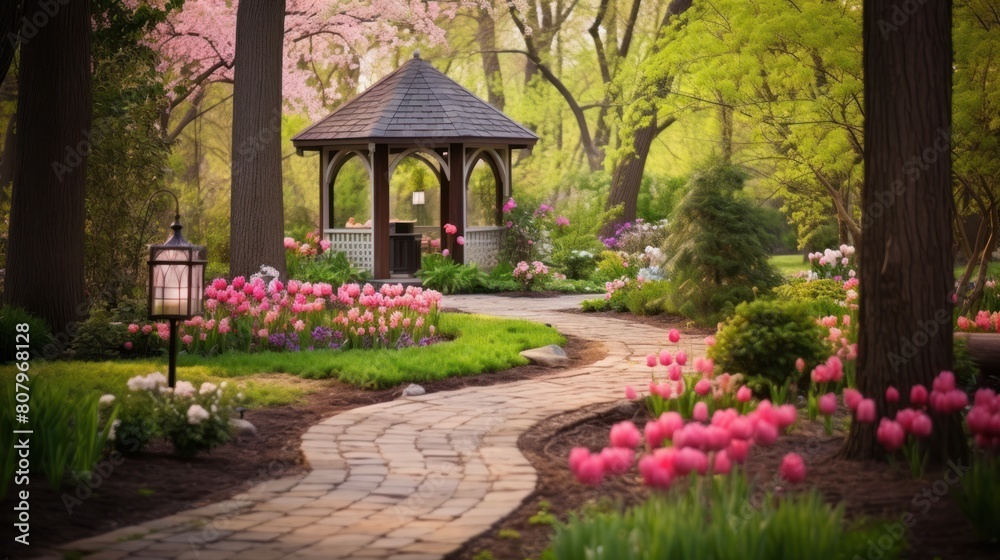 a stone pathway with spring flowers.