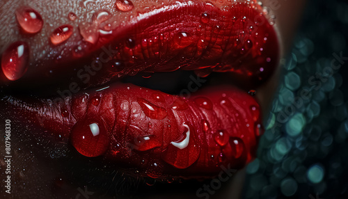 A close up of a woman's lips with water droplets on them