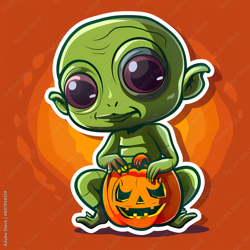 Obraz premium Cartoon Alien Celebrates Halloween Sticker,vector image