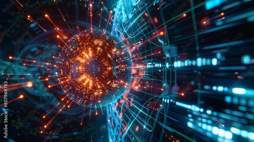 Obraz premium A cyber sorcerer s duel, casting complex algorithms to outmaneuver a sentient virus in a battle within the data streams