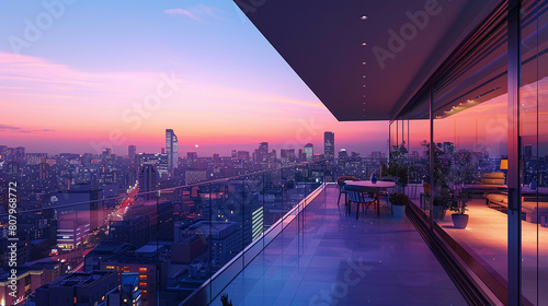 A city view from a balcony with a sunset in the background