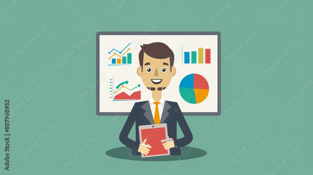 Confident businessman standing in front of a whiteboard with graphs and charts. Confident businessman standing in front of a whiteboard with graphs and charts.