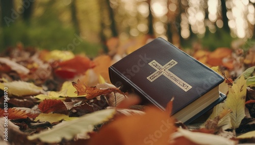 The Bible nestled amond colorful autumn leaves. photo