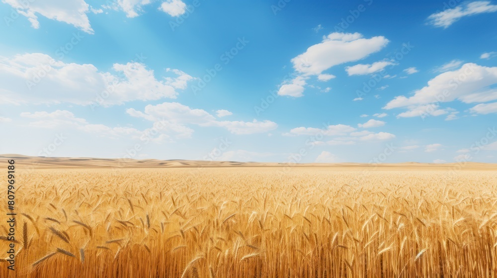 Naklejka premium golden wheat fields under a clear blue sky,