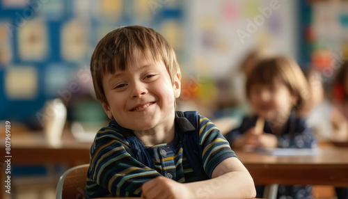 A boy is sitting at a desk in a classroom with a smile on his face