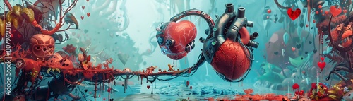 Illustrate a fantastical scene with oversized human heart and robotic limbs in a surreal setting, symbolizing bioethical challenges in a vivid, photorealistic digital artwork photo