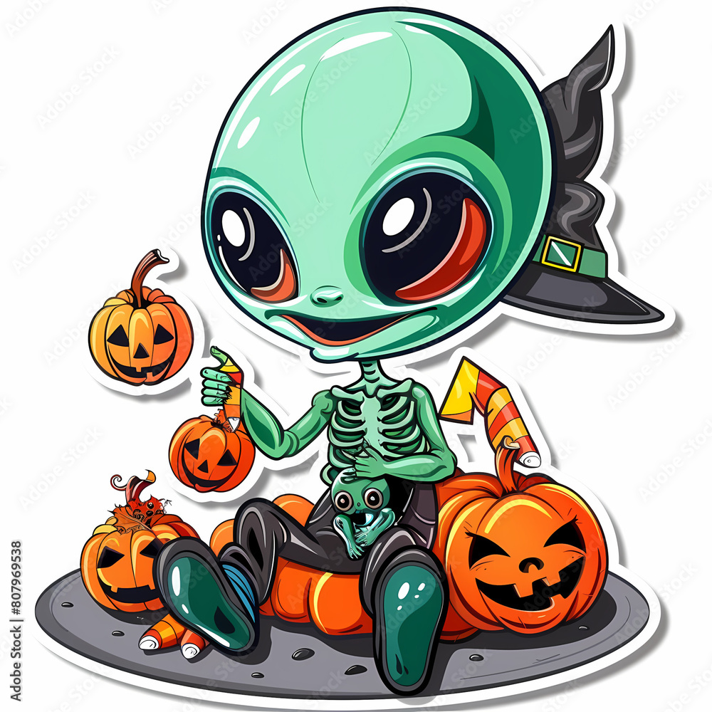 Obraz premium Cartoon Alien Celebrates Halloween Sticker,vector image