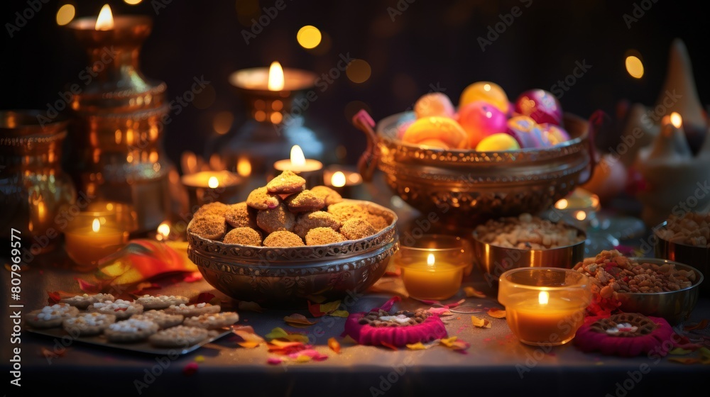 Obraz premium Diwali, with colorful lights, traditional attire, 