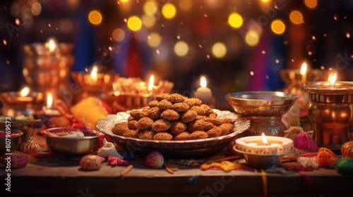 Diwali, with colorful lights, traditional attire, 