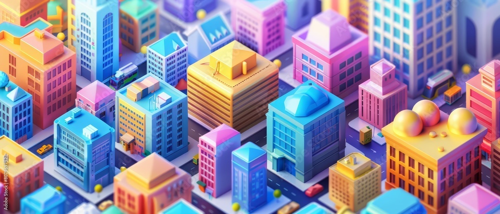 Rainbow 3D isometric city highlights colorful buildings and bustling streets in a dynamic urban layout, Sharpen banner with space for text Rainbow 3D isometric city highlights colorful buildings and bustling streets in a dynamic urban layout, Sharpen banner with space for text