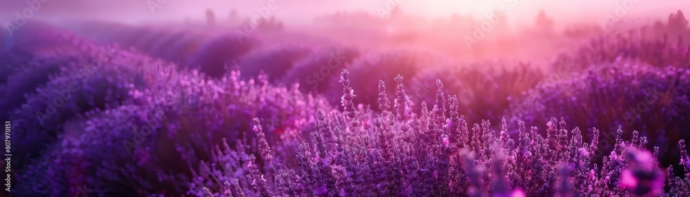 Naklejka premium Sunrise unfurls over a misty lavender field on gentle hills, awakening the land, Sharpen banner template with copy space on center