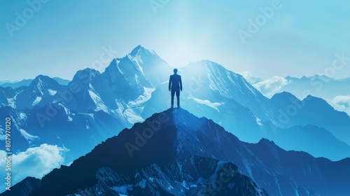 Silhouette of a businessman at the mountain peak integrates with the futuristic business research banner  Sharpen banner template with copy space on center
