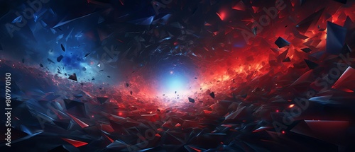 Digital art featuring a swirling vortex of dynamic 3D polygons symbolizing a portal to alternate digital dimensions rendered in vibrant blue and red hues.