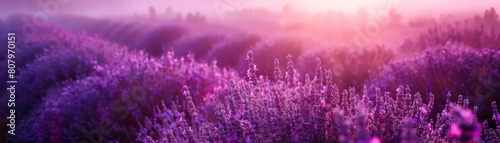 Sunrise unfurls over a misty lavender field on gentle hills, awakening the land, Sharpen banner template with copy space on center