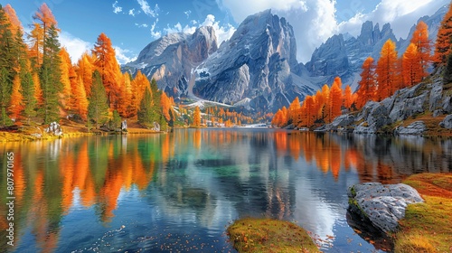 A mountain lake in the fall with bright orange trees