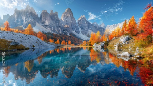A mountain lake in the fall with bright orange trees