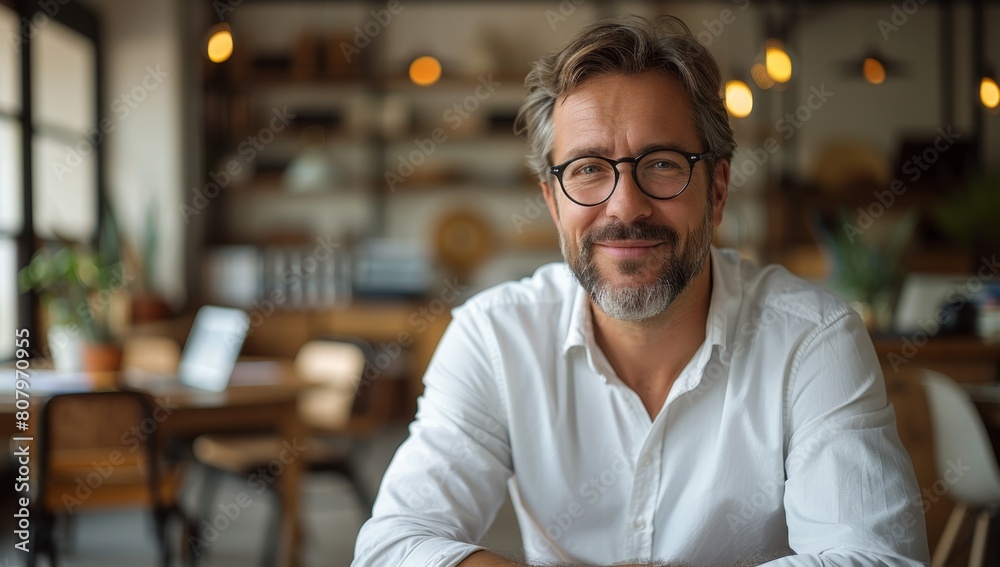 Obraz premium A happy businessman sitting at his desk in an office, smiling and looking into the camera with glasses on. He is wearing white shirt Smiling Businessman in Modern Office with Laptop - 4K HD Wallpaper