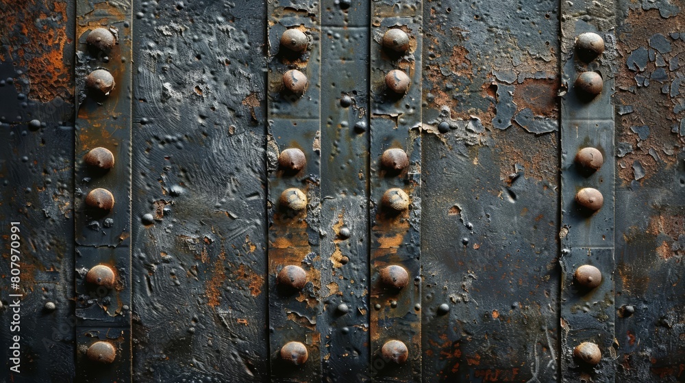 The rustic metal background with rivets and a weathered patina offers a robust and textured surface that evokes a sense of industrial history