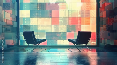 Two black leather chairs sit in a room with multi-colored glass windows. photo